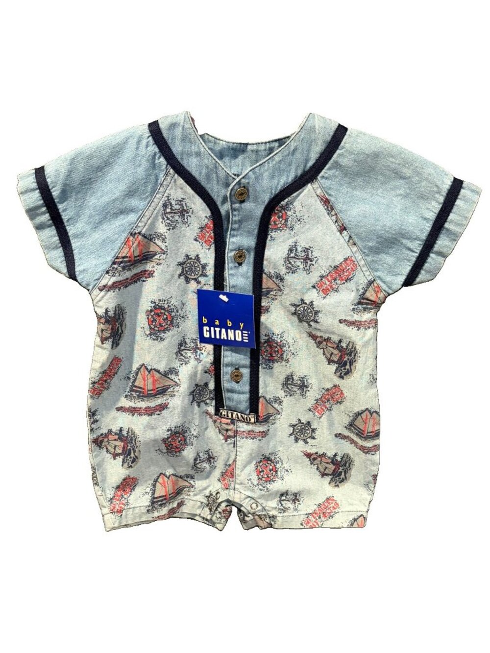 Gitano Baby Size 18 Vintage Denim One-Piece Romper Sailboat Nautical 90's NWT